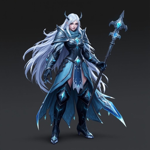 Create a battle woman hero called Alvara the Frostheart. Show full body head to toe including shoes