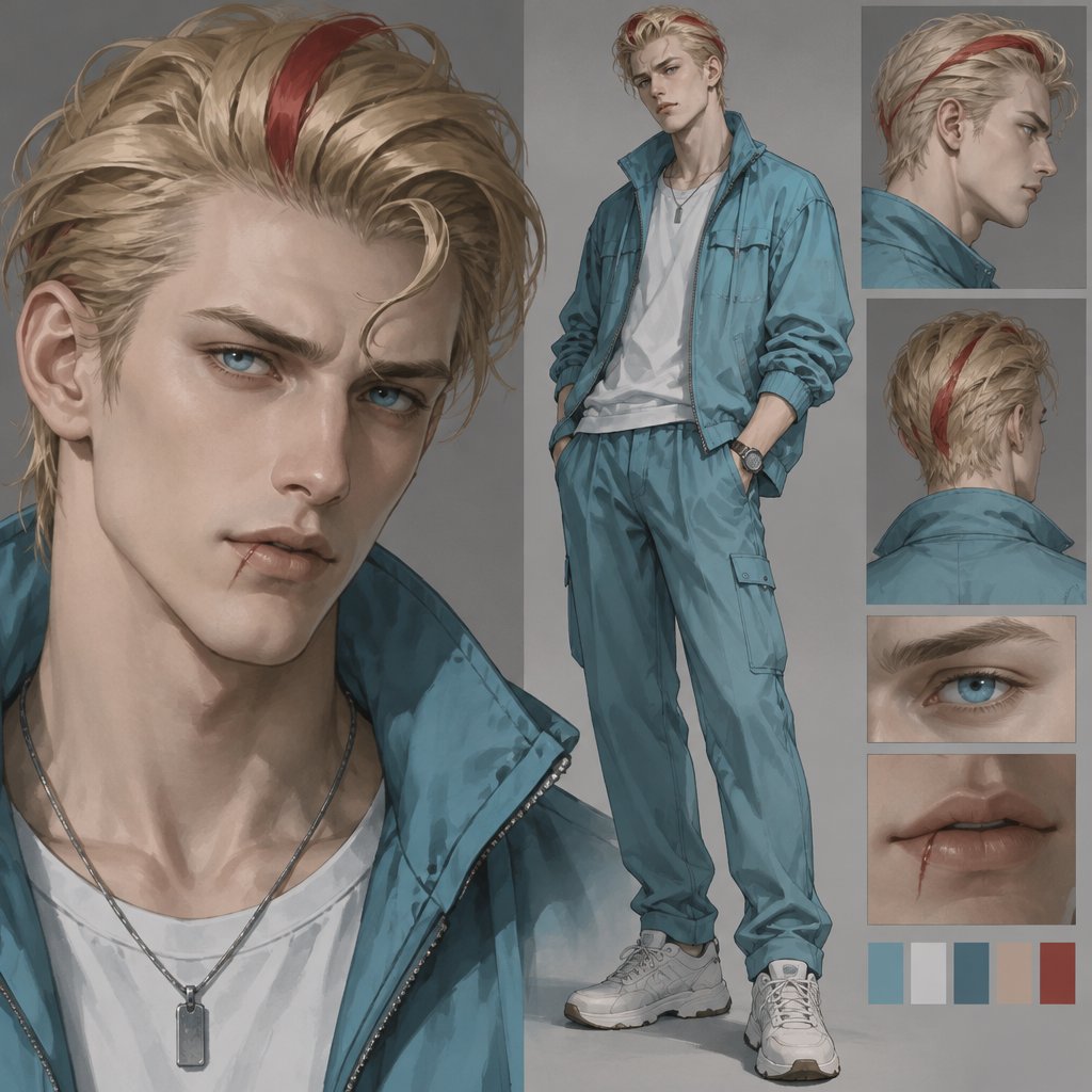Male, blonde greased brushed back hair, curl on forehead, red streak in hair, scar on lip, blue eyes, slim, designer, cyan casual clothes,