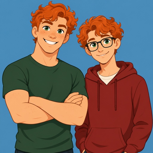 Twin brothers,orange and red curly hair,green eyes,light skin,one brother is taller and stronger with freckles, the other brother is thinner,no freckles,wears glasses,both smiling 