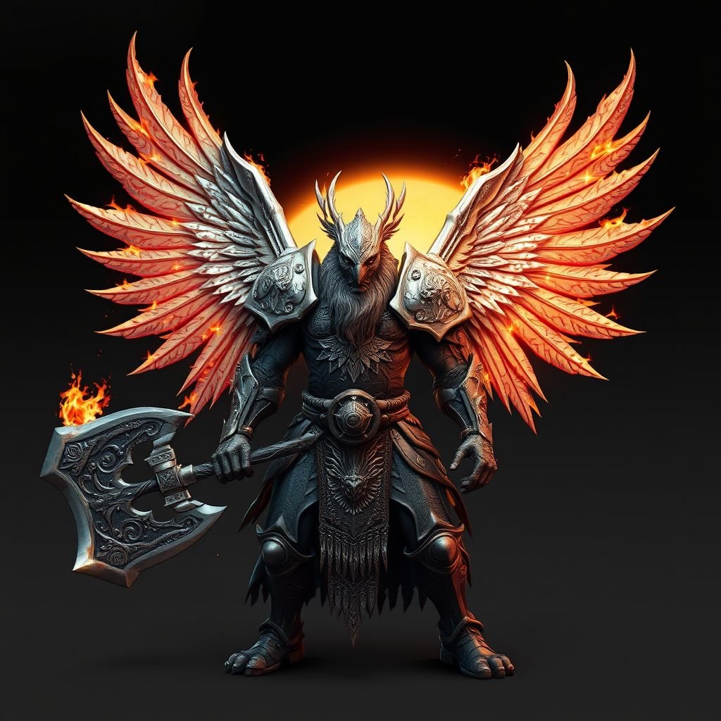 Metal Bird silver humanoid barbarian fire greataxe 4 wings