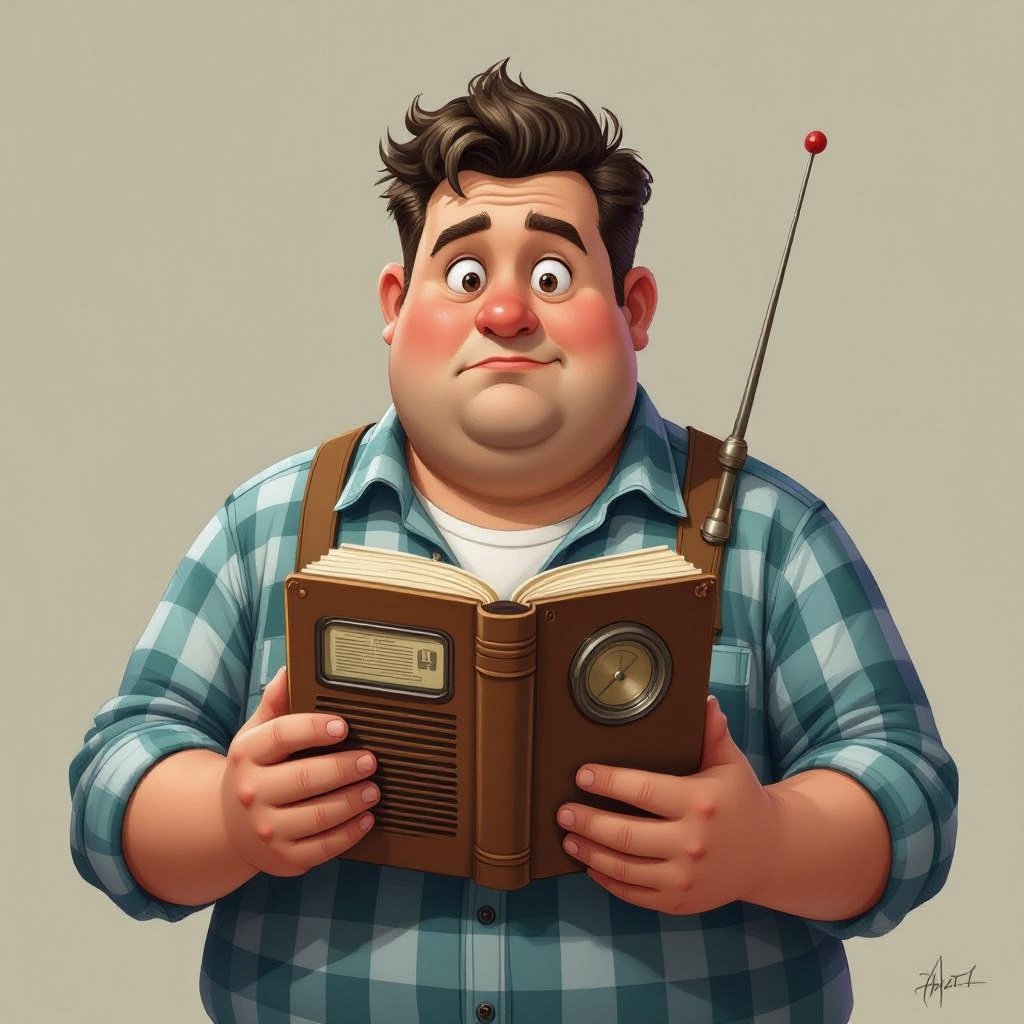 Create a funny fat guy who is has a book box radio 