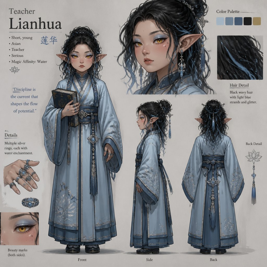 Female, Asian, short, round face, young, wavy black hair with light blue strands, glitter, yellow eyes, light blue eyeshadow, large pointy ears, beauty marks, pale, blush, serious expression, multiple rings, light blue robe, teacher, multiple of the same character