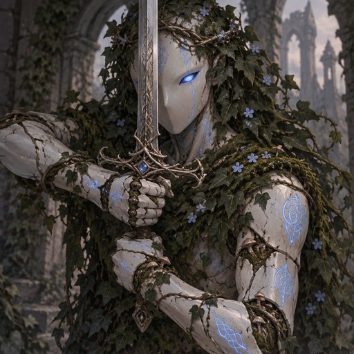 generate for me an image of a warforged hexblood for a DND character profile. The art style should be illustrated portrait. The character is made out of white porcelain, their face absent of any facial features except a pair of glowing intense blue eyes and a small thorned crown crawling across its head, woven through its ivy tendrils that emerge from its head. Every joint of it's body shows hints of vines, roots, and mushrooms peeking between the cracks of the machinery, and long tendrils of English ivy emerges from its scalp to make up what looks like hair, reaching mid-back in length. It's 'clothing' is layers of moss and ivy wrapping about their torso, blossoming in small forget-me-nots before trailing off to expose it's white body from the upper body. It is genderless, lithe, lean, and masculine in structure. The skin is inscribed with glowing blue celtic runes. the character wields a silvery longsword with a fancy filigree along the hilt, the motif similar to wrapped thorns. It is posed brandishing the sword to cover half of its face, ready to meet an enemy
