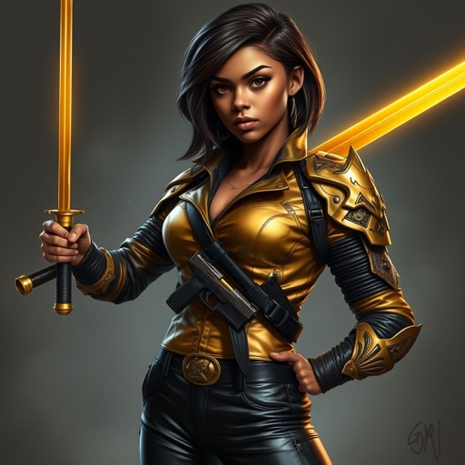 A teenage African American female with shoulder length hair in a side part style wearing an armored gold leather jacket with black accents black leather pants and gold boots holding a glowing golden sword with a gun belt and two guns on her hips
