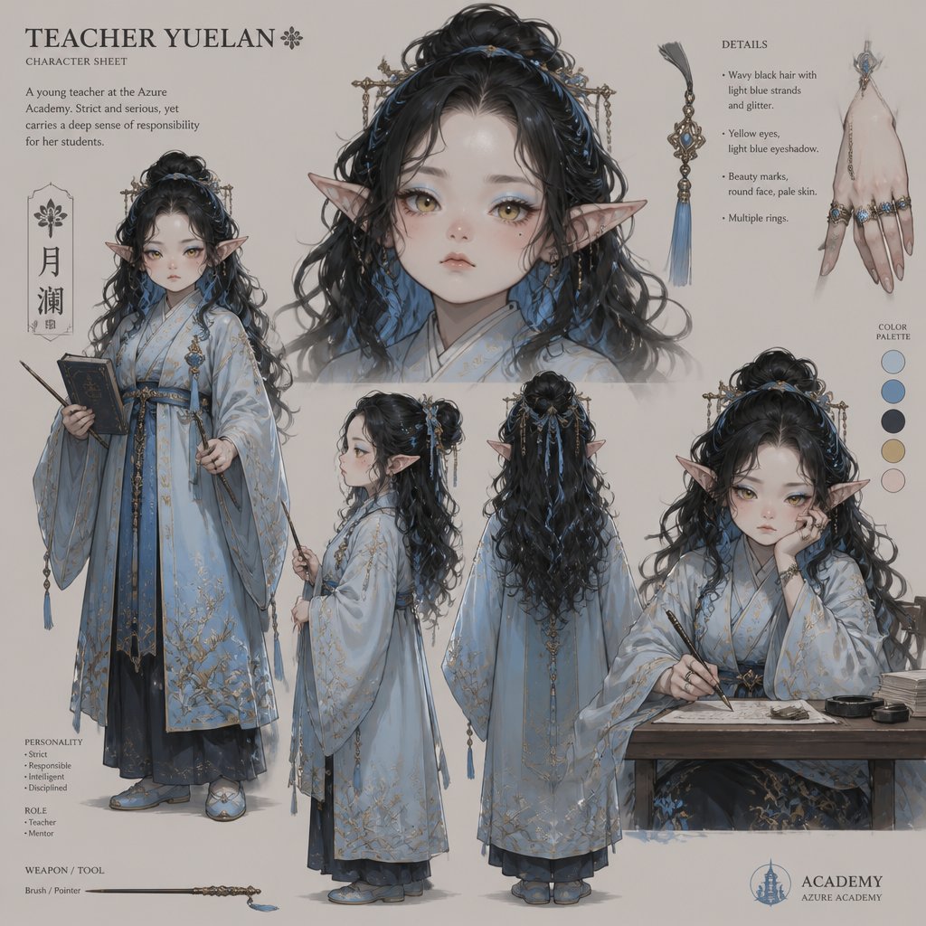 Female, Asian, short, round face, young, wavy black hair down with light blue strands, glitter, yellow eyes, light blue eyeshadow, large pointy ears, beauty marks, pale, blush, serious expression, multiple rings, light blue robe, teacher, multiple of the same character