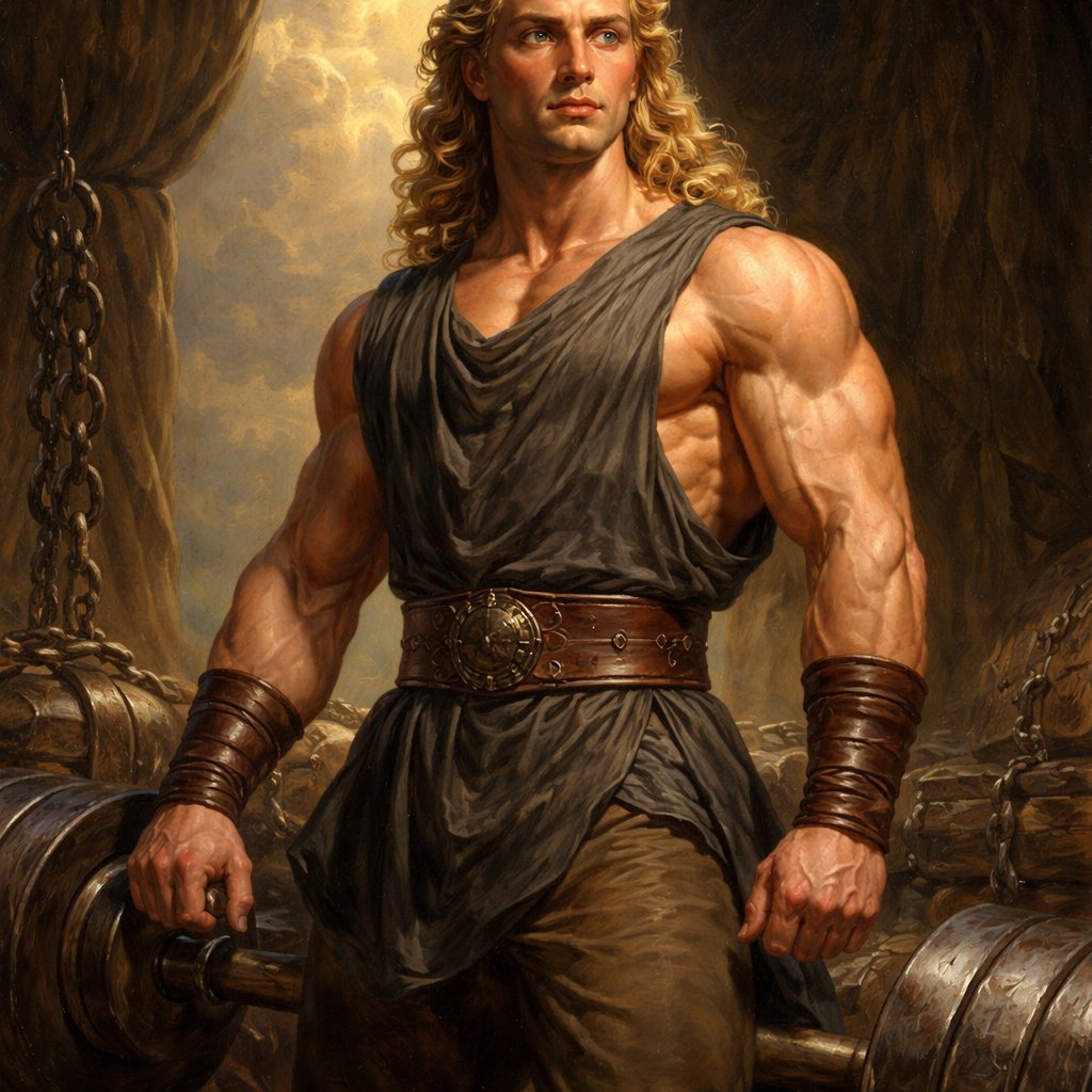 A tall well~proportioned male, so handsome he looks like a Greek god with muscles. With deep-set blue eyes and strong brows, and a peaceful but determined expression on his face. His hairstyle is a thick curly blonde mullet. He works at freak show as a strong man. His outfit consistsed of a Charcoal-toned sleeveless Greek tunic, thick leather belt, leather wristbands/cuffs, brown pants.