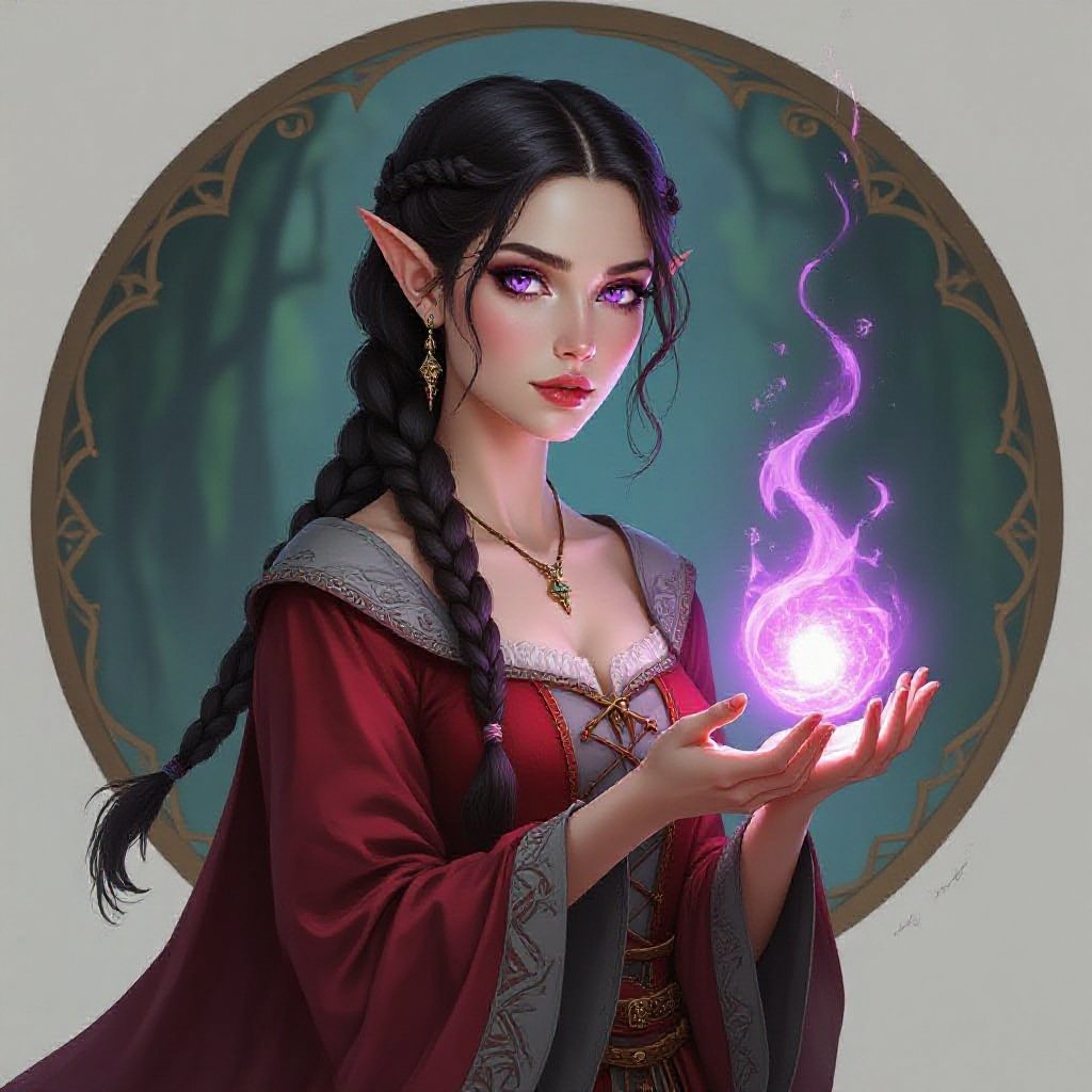 Pale human woman. Dark braided hair. Violet eyes. Short and lean build. Wearing a red and grey dress.