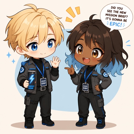 Agent gray nice wave blond hair, nice,no glasses,cares about partner, shy,good at his job, very organized but if a lot of work happens all at one and there's a limited time he can get very disheveled, likes his partner agent Ruby but to scared to admit it, smart,energy drinks,can unintentionally be funny. Anime style, Ruby she's dark skin with brown hair light blue tips, serious, intimidating, makes sure she gets all the answers,very good at interrogating,very loud, being calm is hard, loves tea, she cares about her partner gray but doesn't know about gray's feelings to her, she smiles a lot there both interacting with each other anime style 