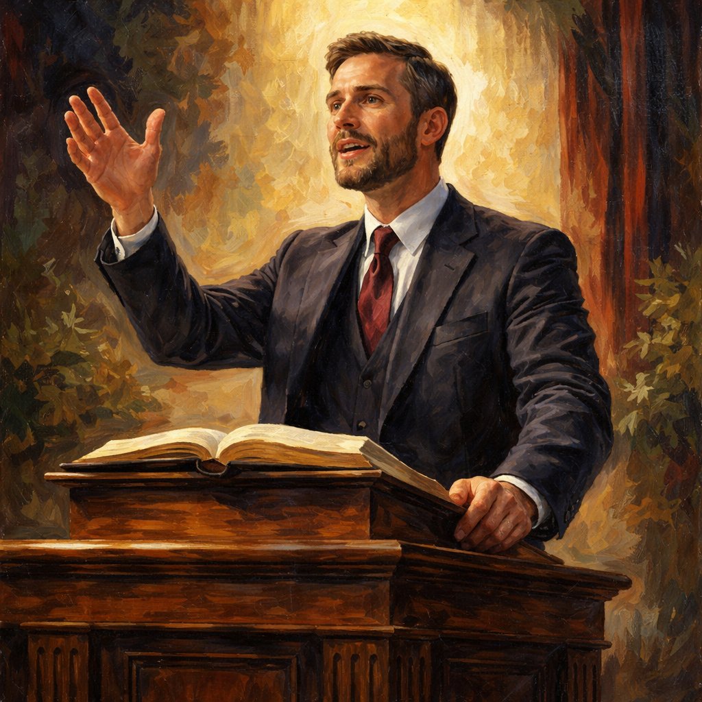 modern male pastor in the pulpit preaching the Bible