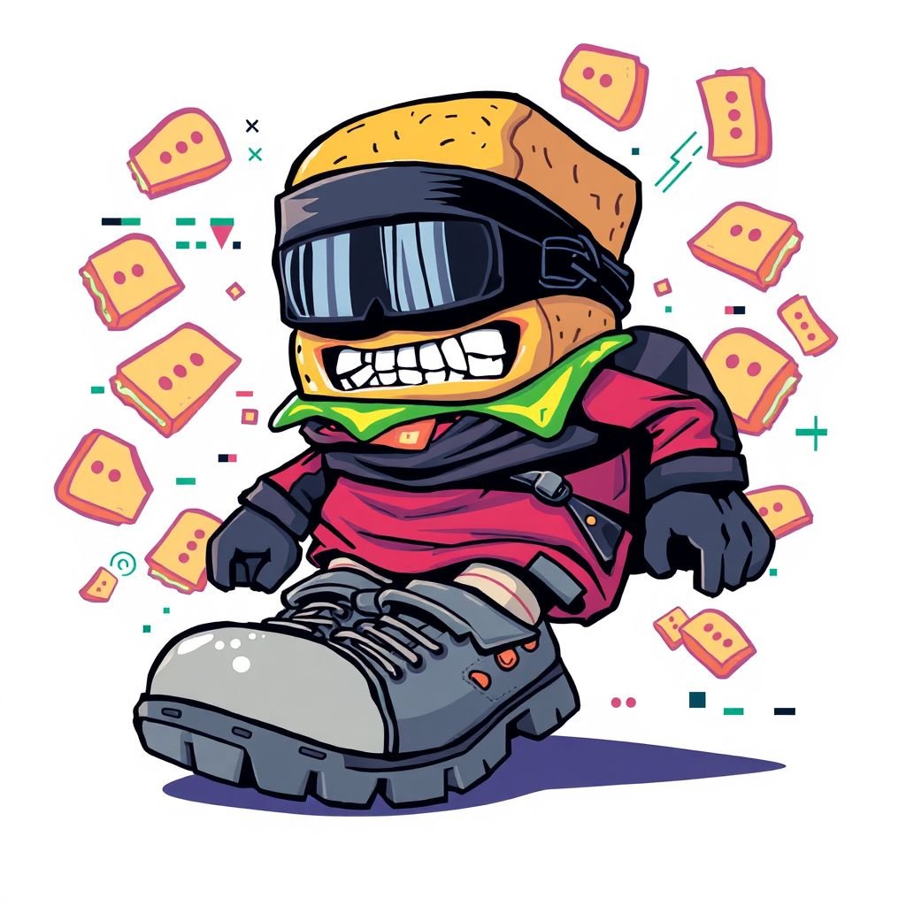 Create a funny looking clumsy sandwhich thief with funny shoes on. Make him have on the bandit black thing around his eyes