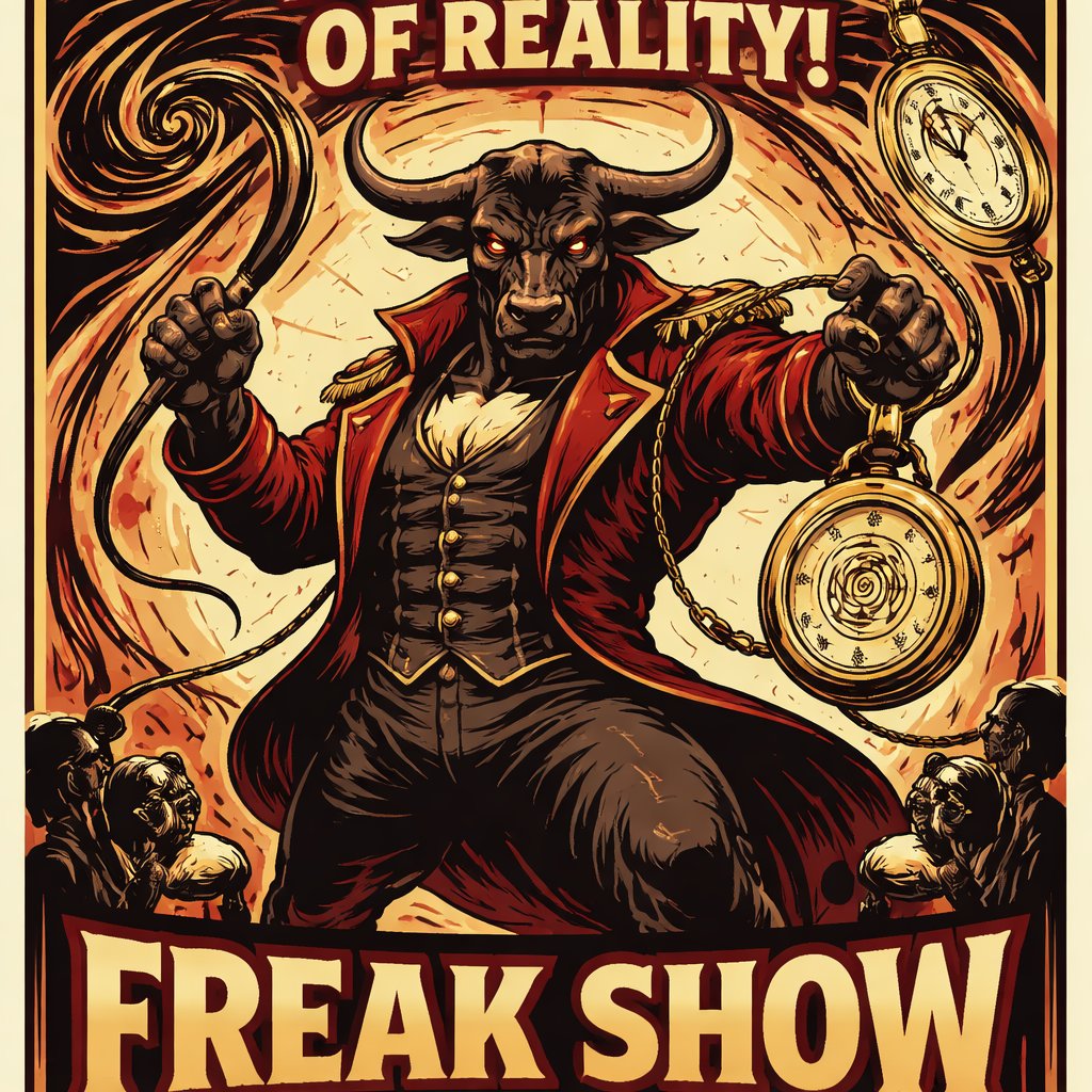 A Minotaur with a well~proportioned figure that works at freak show as the ringmaster. That has gifts/abilities like Reality Rejection, Time Manipulation (Chronokineses), Zoolingualism (Language of Cattle only), Human Speech.