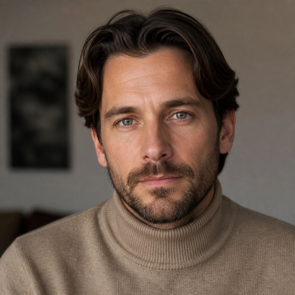 Middle aged man with dark brown hair with a middle part, grey eyes, a short beard and wearing a light brown turtle neck