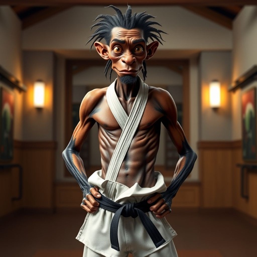 Create a character who looks like a funny African karate guy who doesn’t have a clue what he is doing. Make him have weird toes, only speedos on and a black karate belt. Make him tal skinny and slinky.
