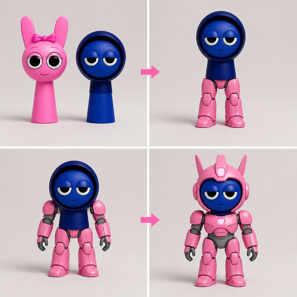 Pinki from Sprunki as Elita One merging her legs onto Jevin from Sprunki and then her arms and then her Body and lastly her head and helmet
