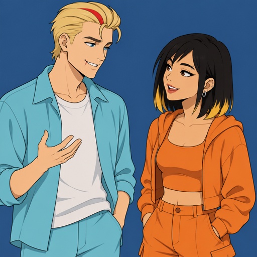 Male, blonde greased brushed back hair, curl on forehead, red streak in hair, scar on lip, blue eyes, slim, designer, cyan casual clothes, talking to an Asian female with straight black neck length hair, yellow tips, side bangs on one side, eyebrow piercing, mascara, ear piercing, orange clothes 
