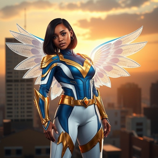 A young African American female superhero with shoulder length hair in a side part style wearing a blue and white suit made of spandex like material that’s slightly armored with gold accents with white pants and gold boots with a stylized V as her chest emblem with wings made of water standing on a roof in a Philadelphia at dawn