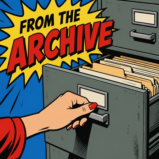 An old filing cabinet is being opened by a feminine hand. Super imposed is the text. FROM THE ARCHIVE
