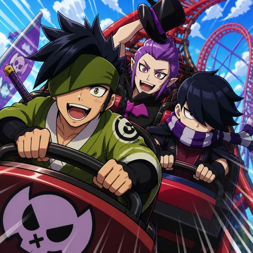 Kenji, mortis, and Edgar from brawl stars, on a rollercoaster  