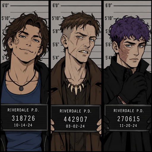Male, neck length dark brown messy hair, no bangs, smiley face on cheek, dimples, grey eyes, eyebrow slit, blue tank top, black jacket, black necklace, Male, no facial hair, brown choppy messy hair undercut, pale, gold tooth, scar under eye, scar on cheek, brown long jacket, no facial hair, thin, late 30s, tooth necklace, Male, short curly purple hair, burn scar on right cheek, grey eyes, black jacket, gloves, mug shots separate screens