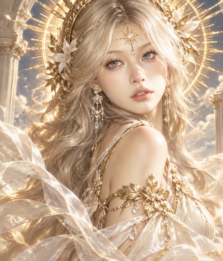 Fantasy illustration of a person in flowing white and gold robes with a radiant halo.