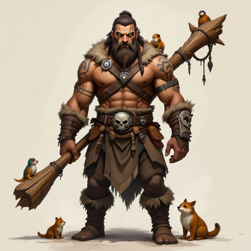 Kael the Beastbound – A rugged, broad-shouldered man with brown skin and a rough beard, wearing armor made from bone and leather. deep green eyes tattoos of animal tracks spiral down his arms. He carries a massive wooden staff carved with the shapes of beasts, and small creatures often perch on his shoulders or follow at his feet.