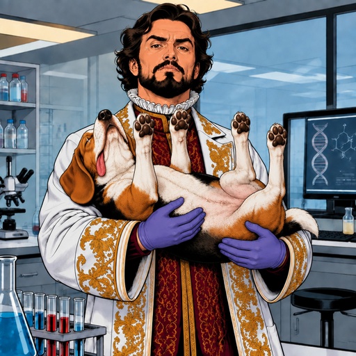 a man holding two dogs in a lab