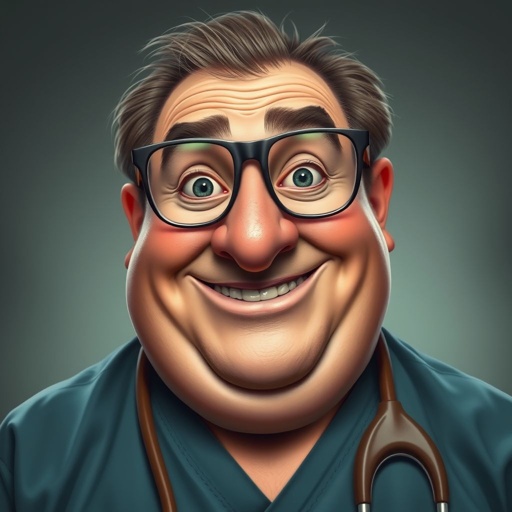 .. create a fat doctor. Who is funny human looking from head to toe. And he always immediately results to surgery for anything even small things. So please be sure to show his whole outfit head to toe. Make him have 1 tooth. Make it more adult humor instead of cartoon humor.