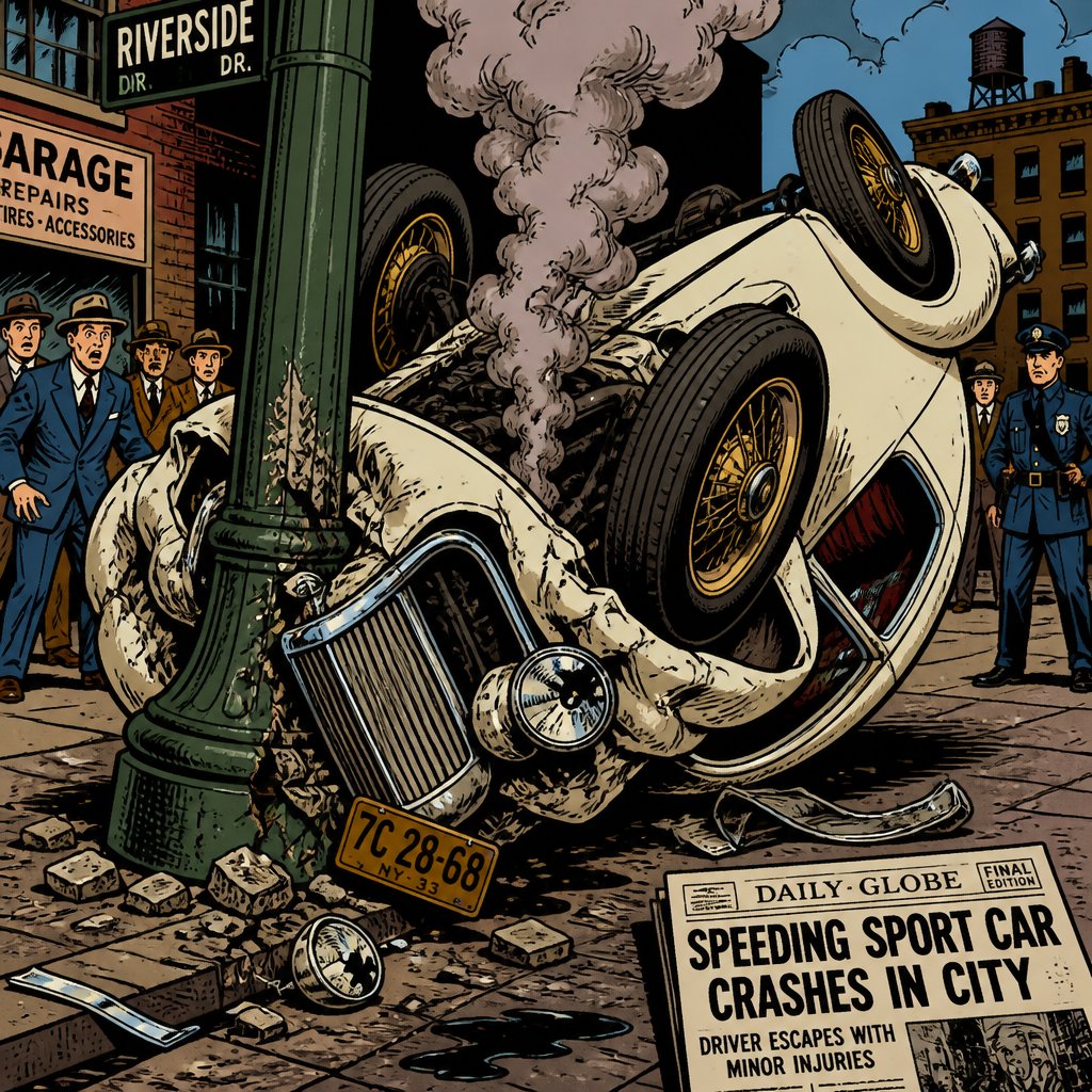 No speech bubble no print dots vivid colours highly realistic a 1930s Mercedes style white sports car has smashed into a light pole and is upside down. It’s wheels in the air smoke rising from the engine, highly realistic, lots of tone.