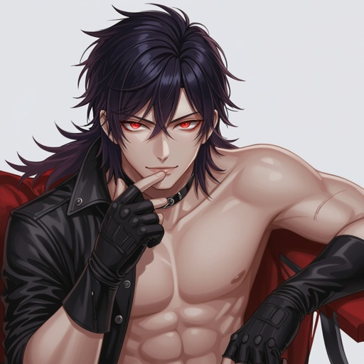 Please create a man, crimson red piercing eyes, sharp smirk, black hair in a mullet like hair style but not spiky. Strong cheekbones but not too strong. Muscles but not too strong, wears mostly nothing and black leather gloves, let us please see the entire body