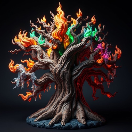 Give me a image of a tree showing power of shadow, fire, frost and mind control 