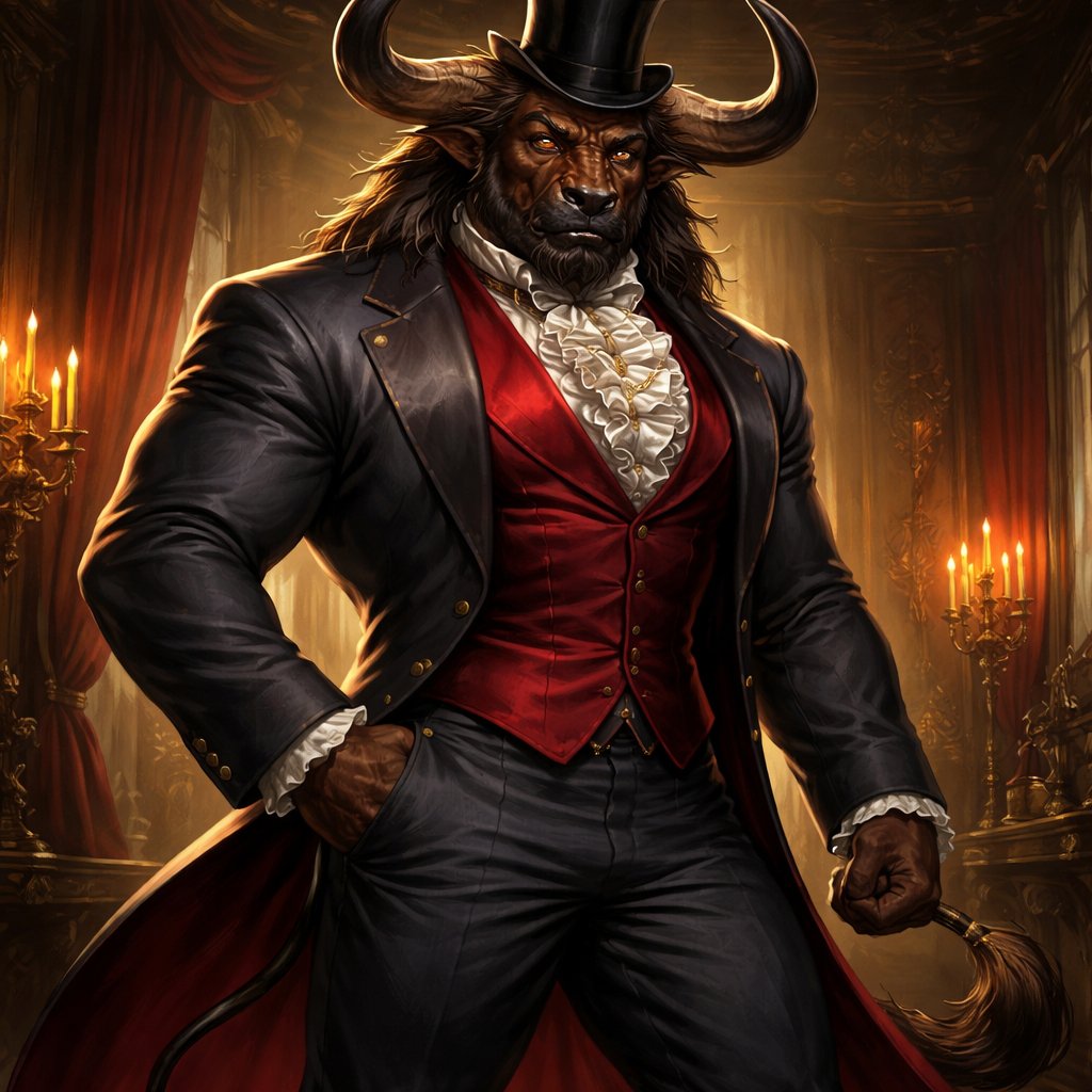 A captivating chestnut brown male Minotaur that’s 6 1/2 feet tall with well~proportioned figure/body with deep set cattle like brown eyes, large powerful gleaming horns like his fathers, a , long tail. He works at freak show as the ringmaster and his abilities are Reality Rejection, Time Manipulation (Chronokineses), Zoolingualism (Language of Cattle only), Human Speech. His outfit consists of a crimson tailcoat, frilly shirt, stunning grey blazer, black pants and top hat.