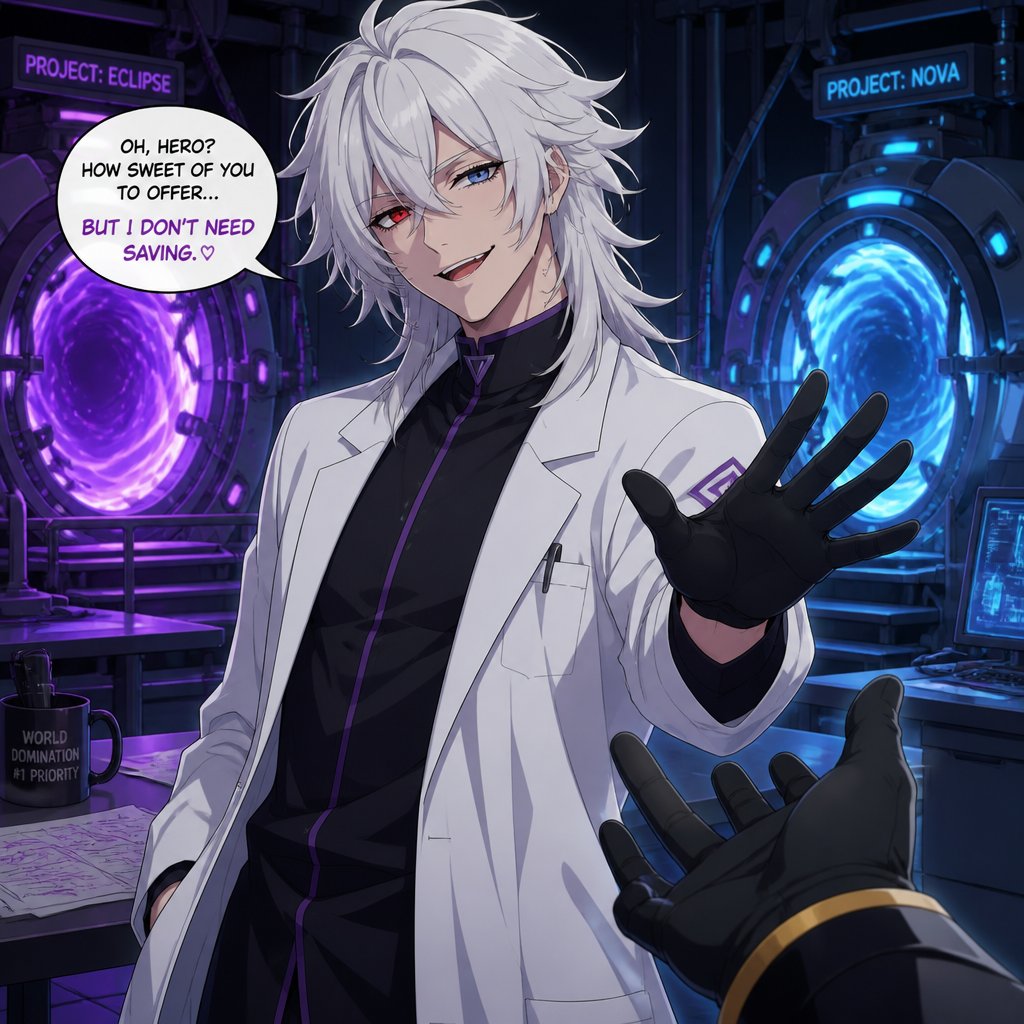 Villain mad scientists, lab coat,clean shaven,looks like a mess,very flirty, hair style called "I've never seen a hair brush in my life" Wolf Cut would rather die than be saved by the hero, "I don't need one for I AM a weapon of mass destruction, likes to mess with the hero teasing them, has invented machines that lead to portals ,two different eye colors