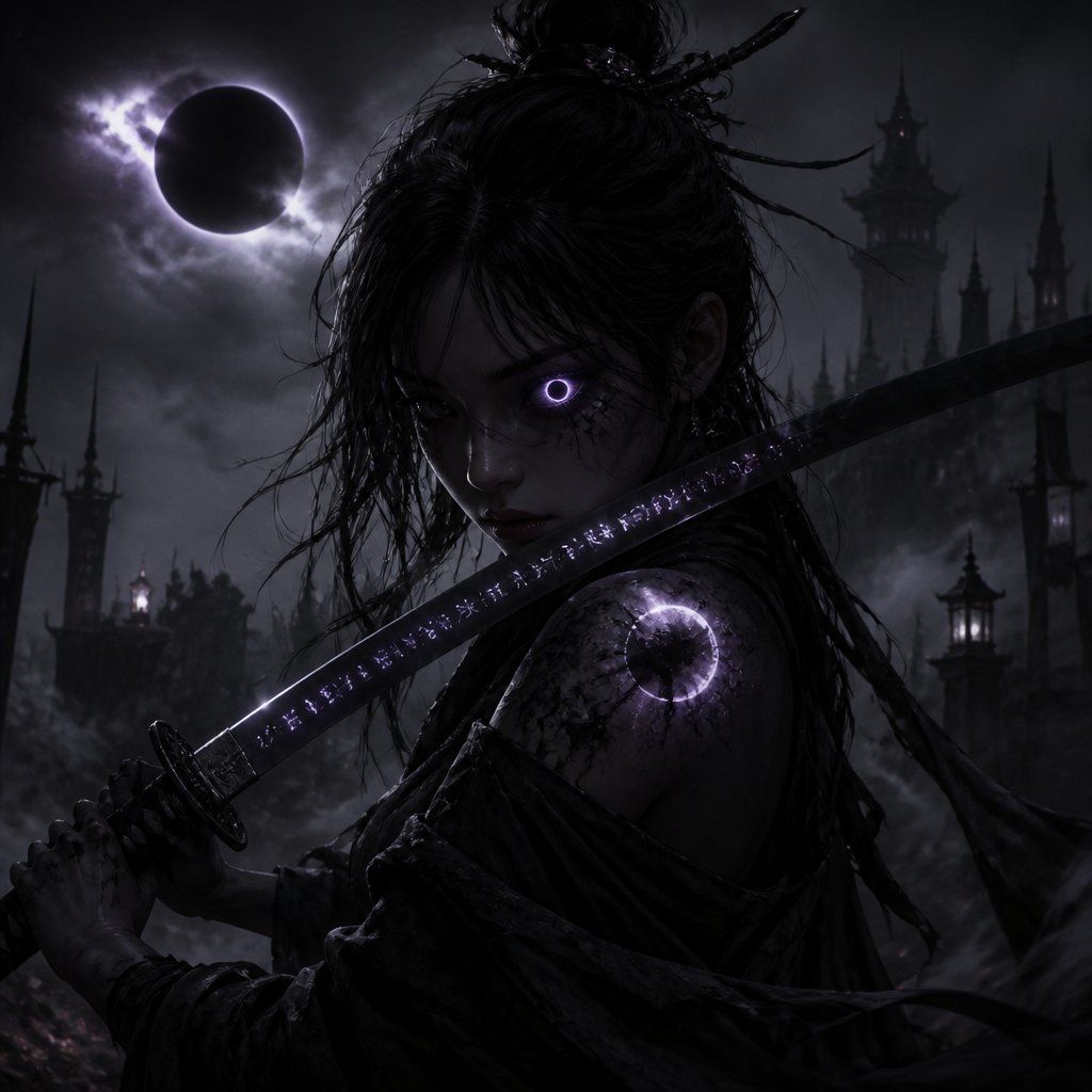 female with dark matter moon eye katana moon mark