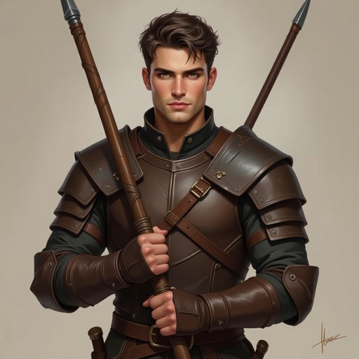 Human male age 20 leather armor with quarter staff