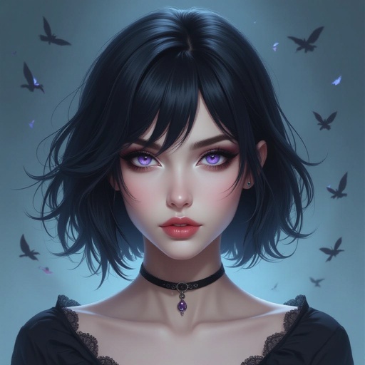Show her entire body. Create mysterious woman jet-black hair is cut sharp to her jawline, and her violet eyes seem to pierce through darkness. A shadowy aura clings to her form, faint shapes shifting and flickering behind her like whispers of another realm. Show whole body head to toe
