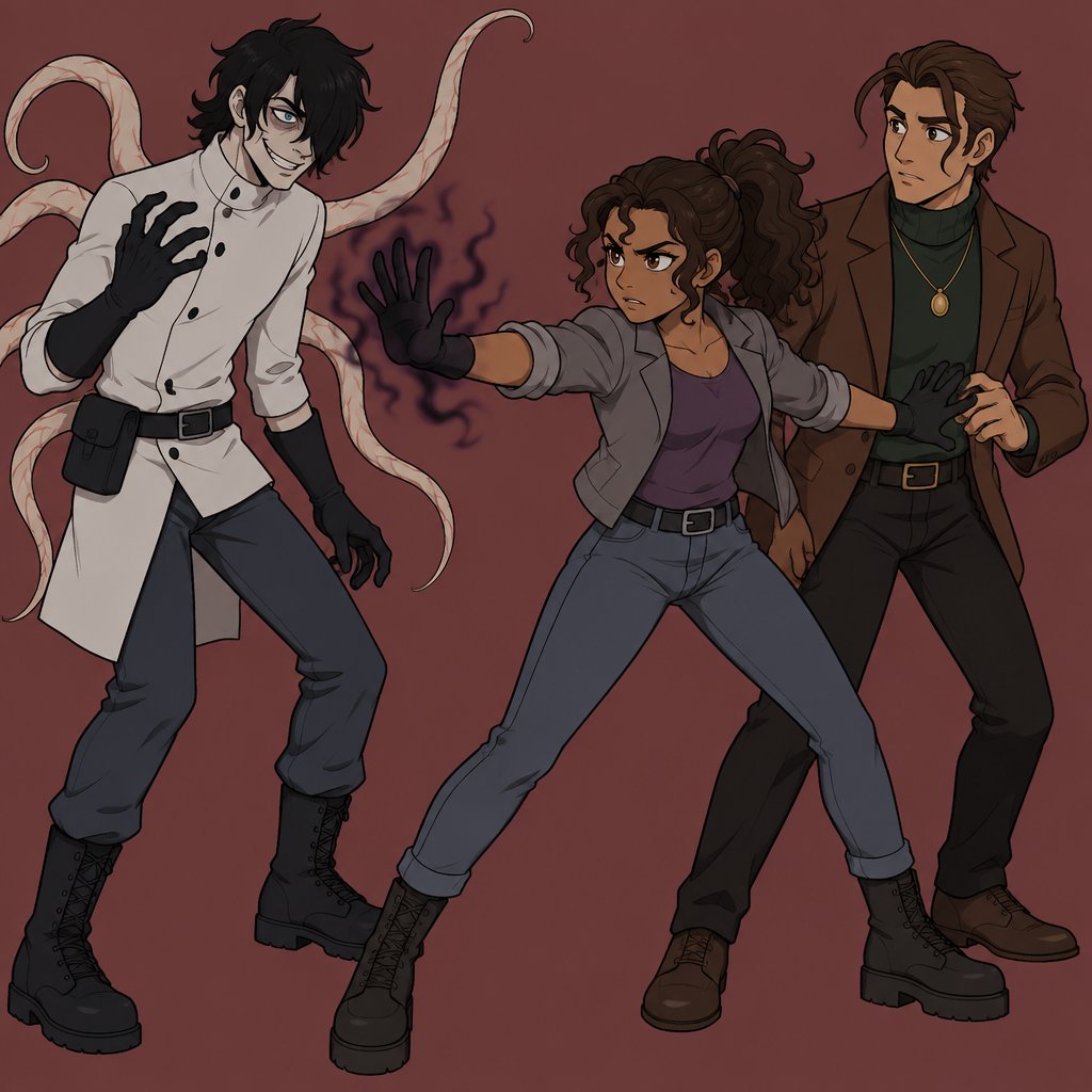 Male, black messy greasy hair, shoulder length hair in the back, long hair in the front covering one eye, blue eyes, eye bags, veins under eyes, pale tendrils coming out of back with veins, blue pants, boots, black rubber gloves, short scientist jacket buttoned up, belt with pouch, evil smile, Female, tan skin, brown eyes, pointy nose, curly ponytail, curl in the middle of her forehead, grey jacket rolled up sleeves, jeans, boots, purple shirt, death touch, Male, brushed back slightly messy brown hair, two hair strands in face, brown eyes, brown nice jacket, green turtleneck, gold necklace, black pants, nice shoes, girl is protecting the male with brown hair from the male with black hair