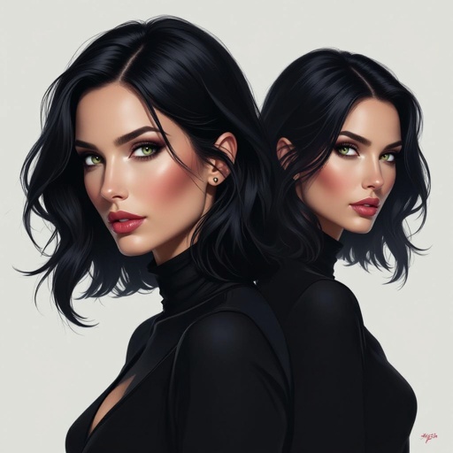 Show character head to toe. Create a mid age fantasy woman jet-black hair is cut sharpand her eyes seem to pierce through darkness. A shadowy aura clings to her form,