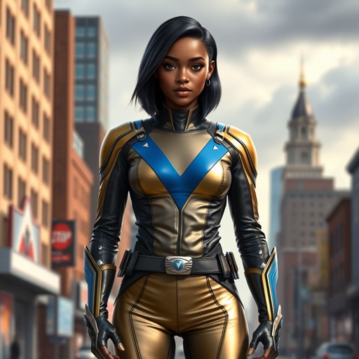 A teenage African American female superhero with hair in a shoulder length side part style wearing a mask wearing a partially leather white and Gold suit with blue accents and a stylized V as her chest emblem a utility belt and silver boots standing in Philadelphia during a cloudy day