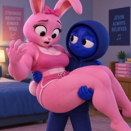 Pinki from Sprunki in Jevin From Sprunkis arms as her kind Wererabbit self noticing that she’s getting bigger and stronger 