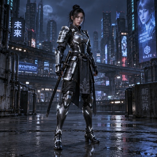 Woman in a futuristic samurai armor. Show whole body.