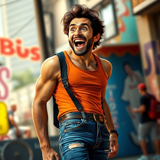 Create a funny looking man who’s jeans and tank top is so tight head to toe