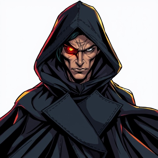 Make in black trench cloak with one glowing orange eye
