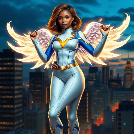 A teenage African American female superhero with brown hair with gold highlights in a shoulder length side part hairstyle with pure Gold Glowing eyes wearing a white suit with gold and royal blue  with white pants and gold and white knee length boots with a utility belt with a gold V  as her chest emblem with glowing  wings made of white fire in Philadelphia 