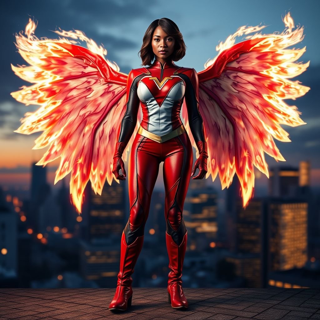 African American female superhero with shoulder length hair in a side part style and wings made of white fire  wearing a slightly homemade  white red and black suit with black pants with a stylized V as her chest emblem wearing red flat boots made of gold standing in Philadelphia at dusk