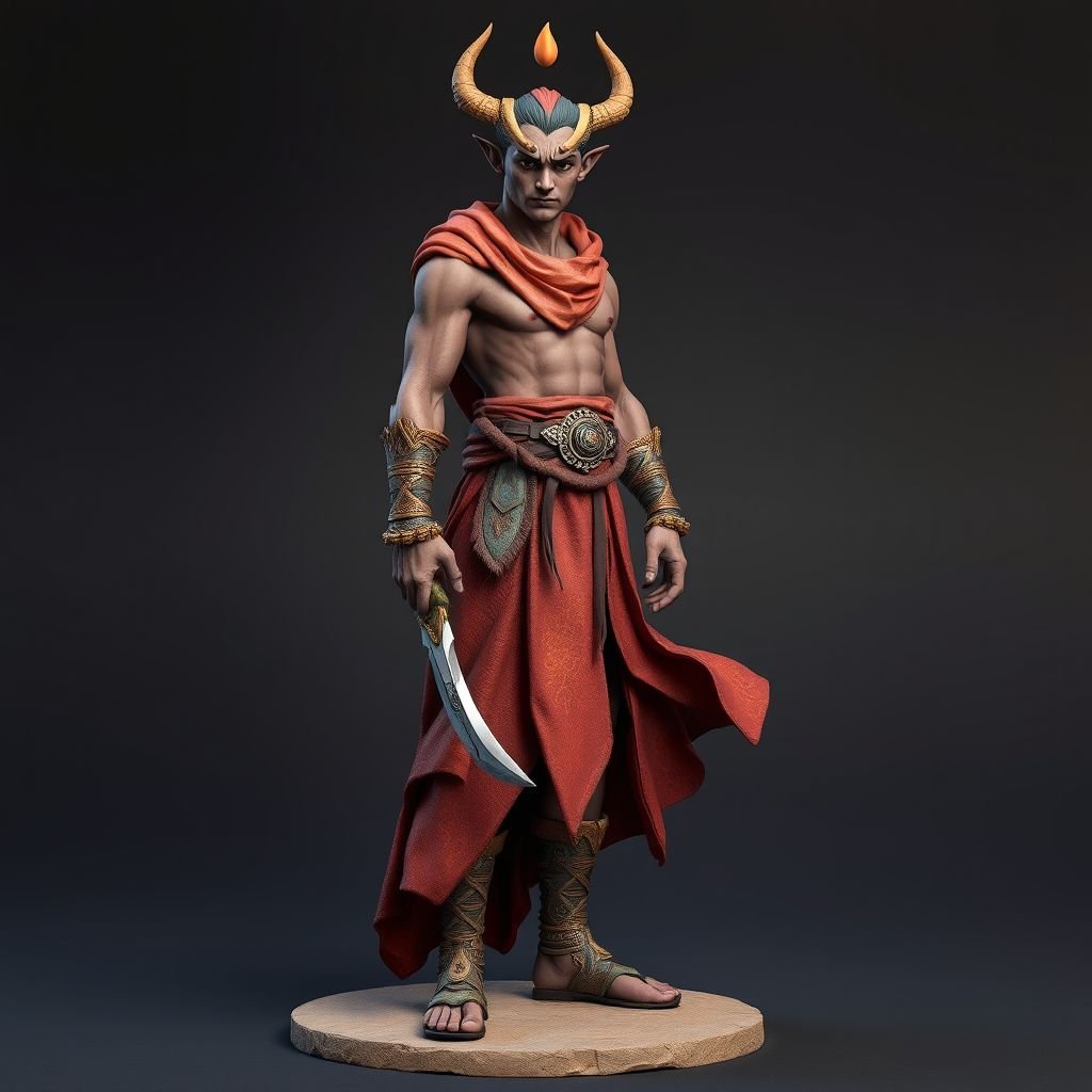 Create handsome hero Rhen the Fire – A lean, muscular man. He wears layered, flowing desert robes dyed in warm reds and golds, with scorch marks where flames have licked them. A curved blade hangs at his hip. Show whole body head to toe including her shoes.