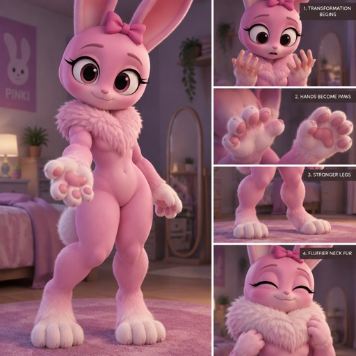 Pinki from Sprunki as her kind Wererabbit self noticing that her feet are turning into Wererabbit paws with her hands following suit and her legs are getting stronger like her body and the fluff on her neck is getting more fluffier 