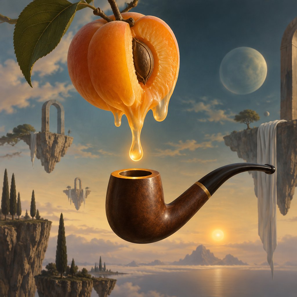 Apricot hanging above a tobacco pipe with a drop of juice about to fall into the tobacco pipe bowl