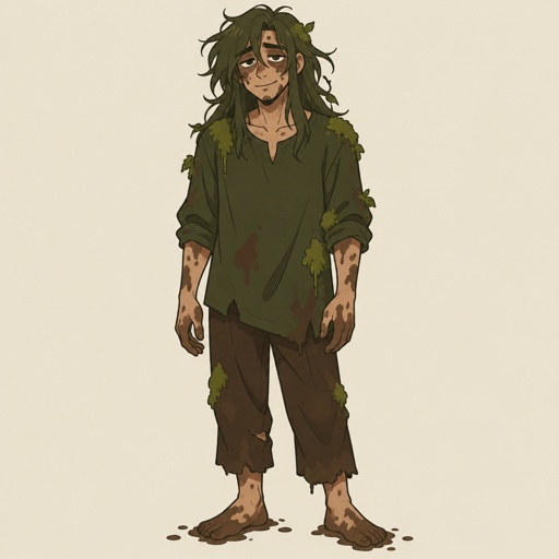Male,long messy mossy green hair,long dark green shirt,dark brown pants,barefoot,droopy eyes,muddy feet hands and skin, mud smeared on face,moss on hair cloths,tired smile 