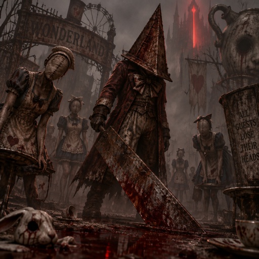 Silent Hill with pyramid head and the nurses with an Alice and wonderland spin with mad hatter as pyramid head