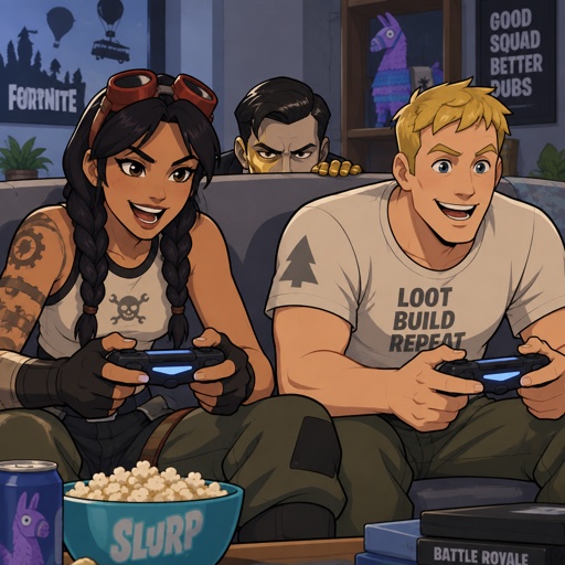 Jules from Fortnite, jones from Fortnite, wearing casual clothes, playing video games, Midas from Fortnite peaking from behind the couch, furrowed brows
